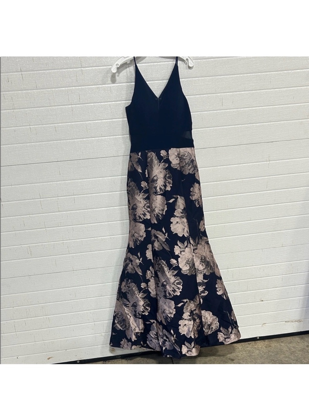 Elegant Black and Blush Floral V-Neck Evening Dress